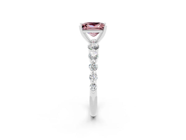 Silver Princess Cut Solitaire Morganite Ring with Pave Band and Four-Prong Setting