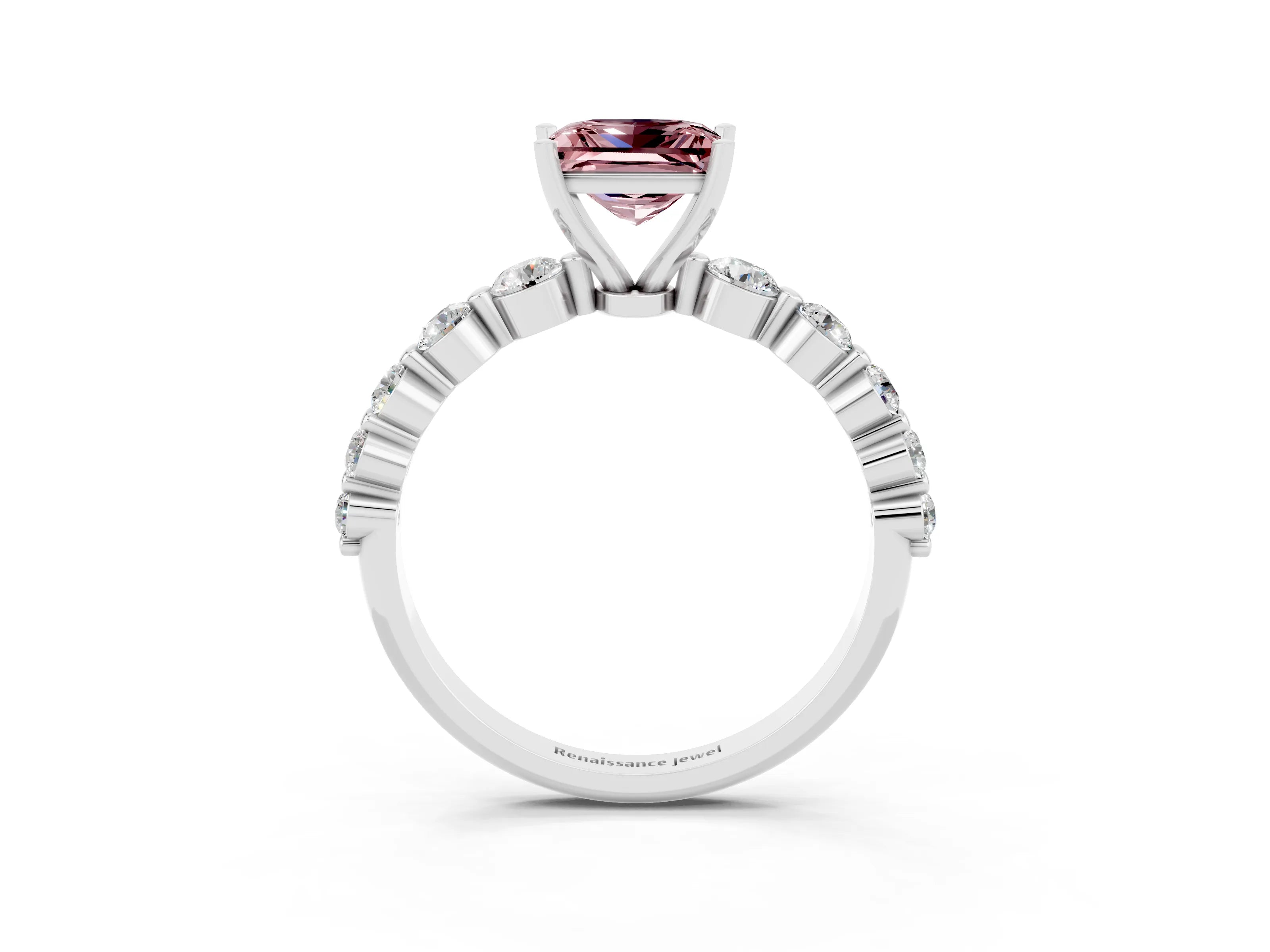 White gold Princess Cut Solitaire Morganite Ring with Pave Band and Four-Prong Setting_3