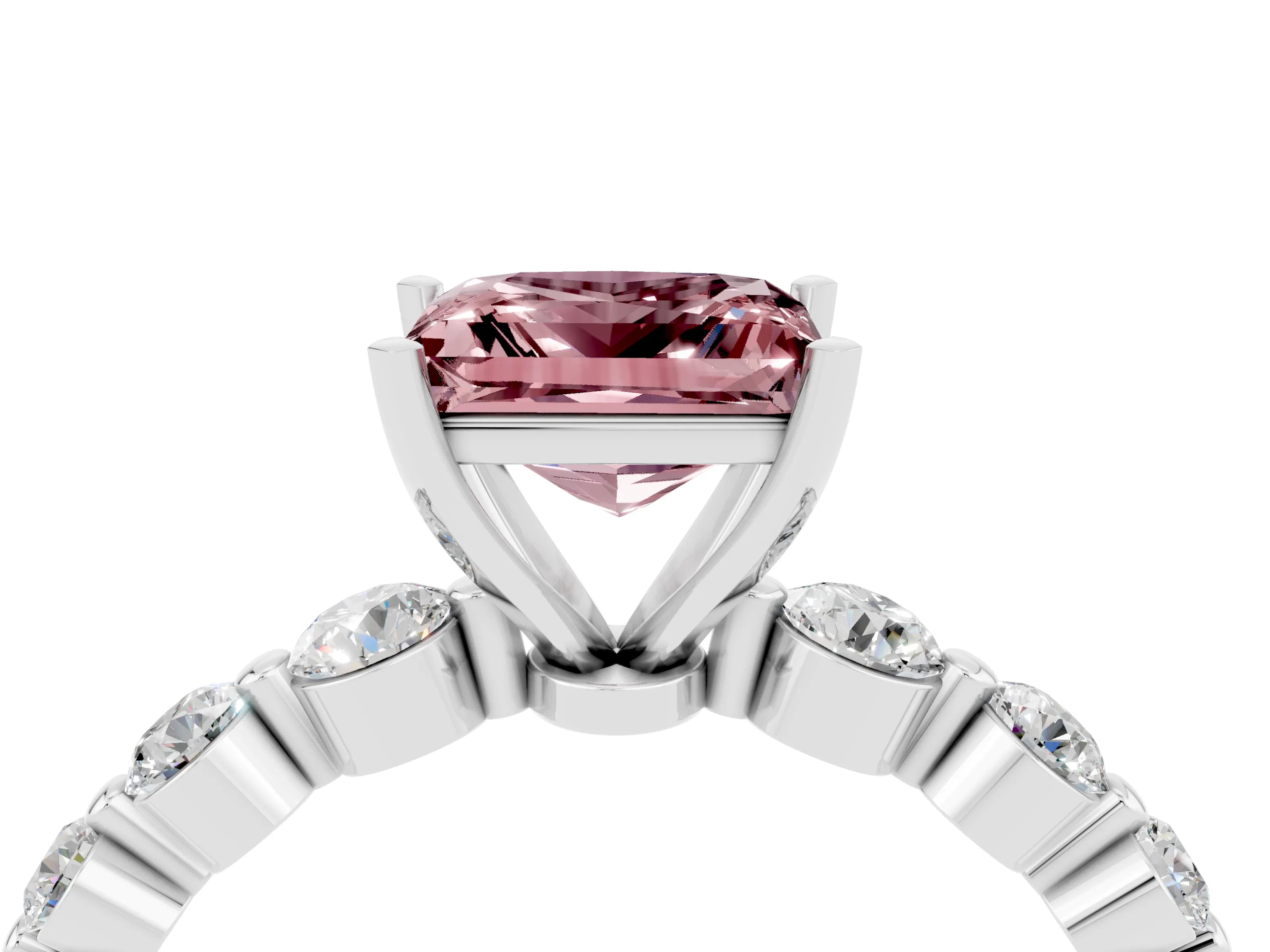 White gold Princess Cut Solitaire Morganite Ring with Pave Band and Four-Prong Setting_4