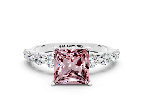 White gold Princess Cut Solitaire Morganite Ring with Pave Band and Four-Prong Setting