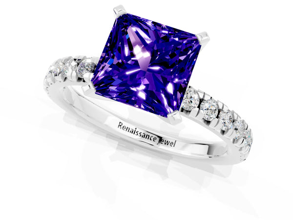 Platinum Princess Cut Solitaire Pave Diamond Engagement Ring with Four-Prong Setting