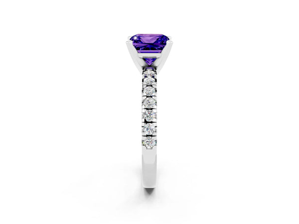 Silver Princess Cut Solitaire Pave Diamond Engagement Ring with Four-Prong Setting