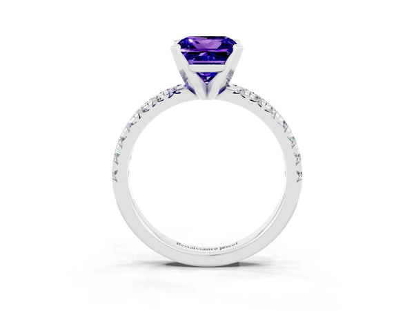 Silver Princess Cut Solitaire Pave Diamond Engagement Ring with Four-Prong Setting