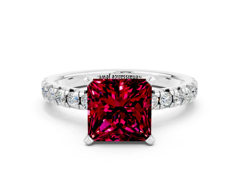 White gold Princess Cut Solitaire Pave Diamond Engagement Ring with Four-Prong Setting