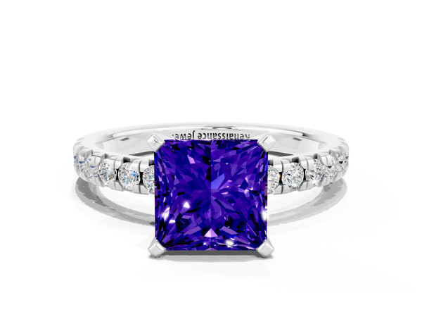 Platinum Princess Cut Solitaire Pave Diamond Engagement Ring with Four-Prong Setting