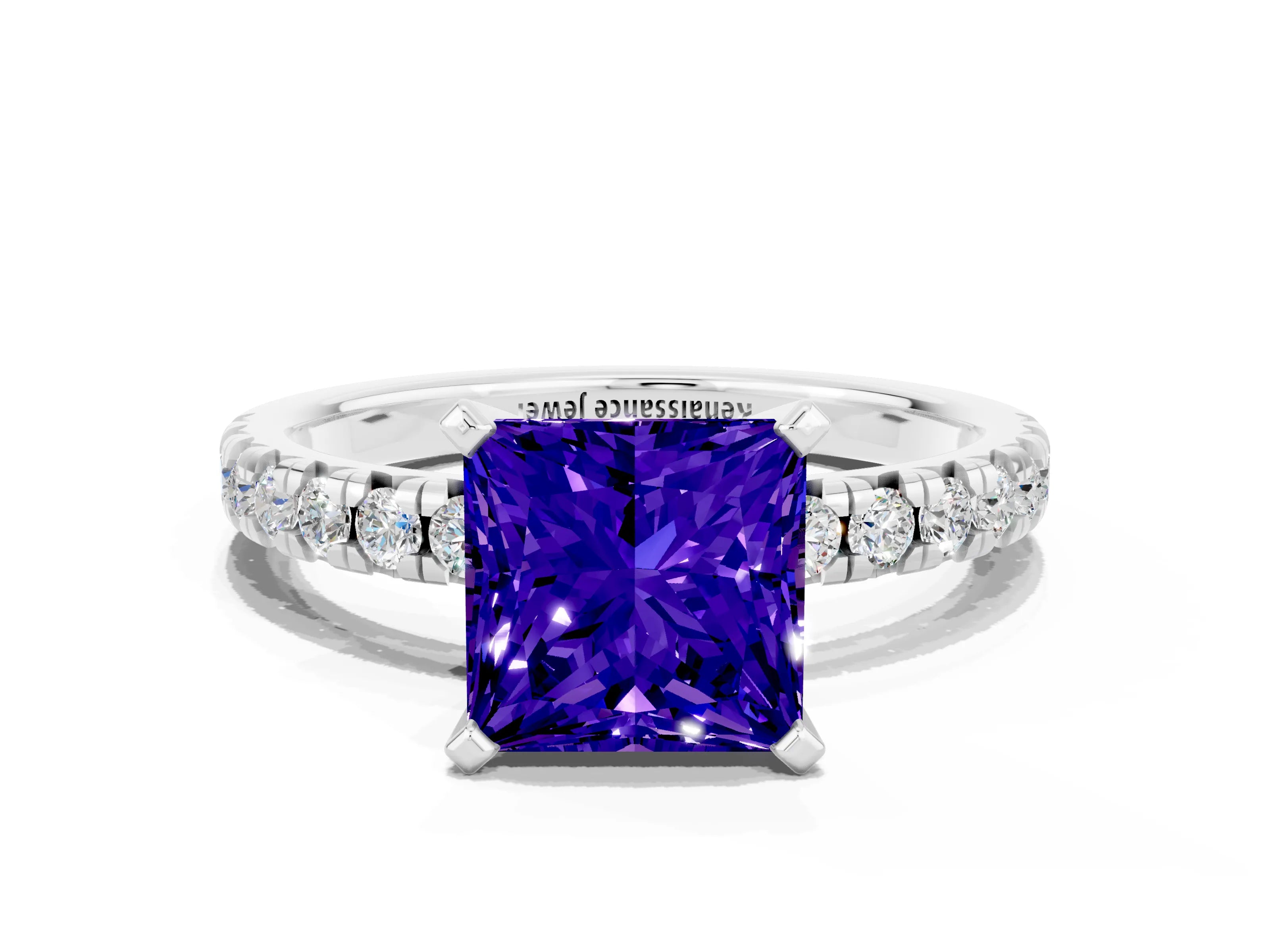 White gold Princess Cut Solitaire Pave Diamond Engagement Ring with Four-Prong Setting