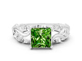 White gold Princess Cut Solitaire Peridot Leaf-Inspired Vine Band Ring with Prong Setting