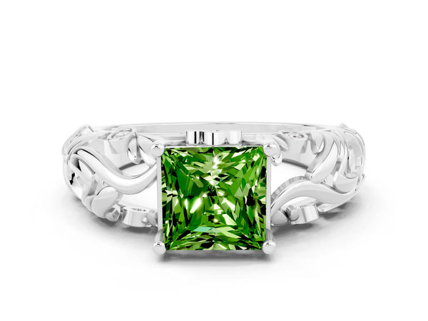 Platinum Princess Cut Solitaire Peridot Leaf-Inspired Vine Band Ring with Prong Setting