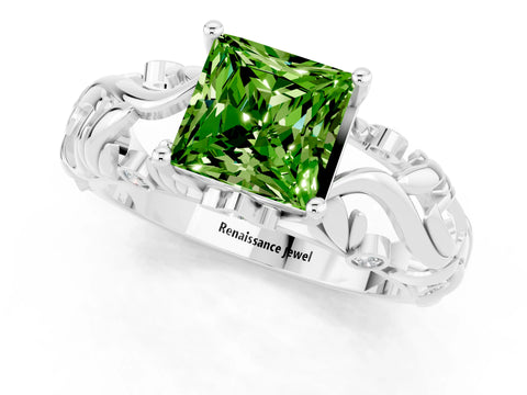 White gold Princess Cut Solitaire Peridot Leaf-Inspired Vine Band Ring with Prong Setting_1