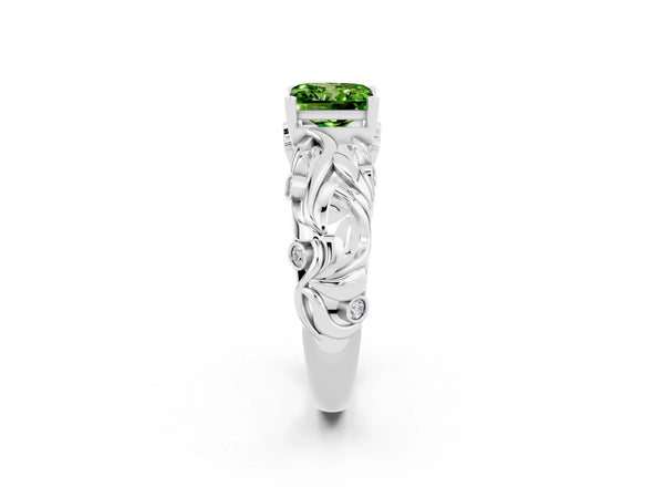 Platinum Princess Cut Solitaire Peridot Leaf-Inspired Vine Band Ring with Prong Setting