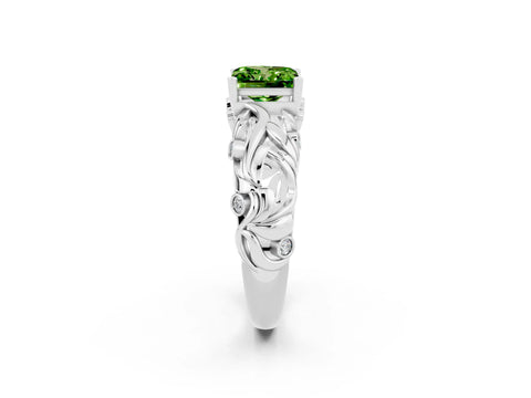 White gold Princess Cut Solitaire Peridot Leaf-Inspired Vine Band Ring with Prong Setting_2