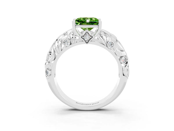White gold Princess Cut Solitaire Peridot Leaf-Inspired Vine Band Ring with Prong Setting
