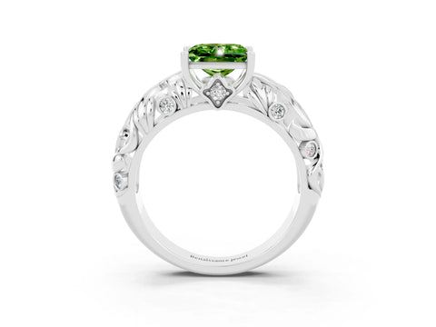 White gold Princess Cut Solitaire Peridot Leaf-Inspired Vine Band Ring with Prong Setting_3