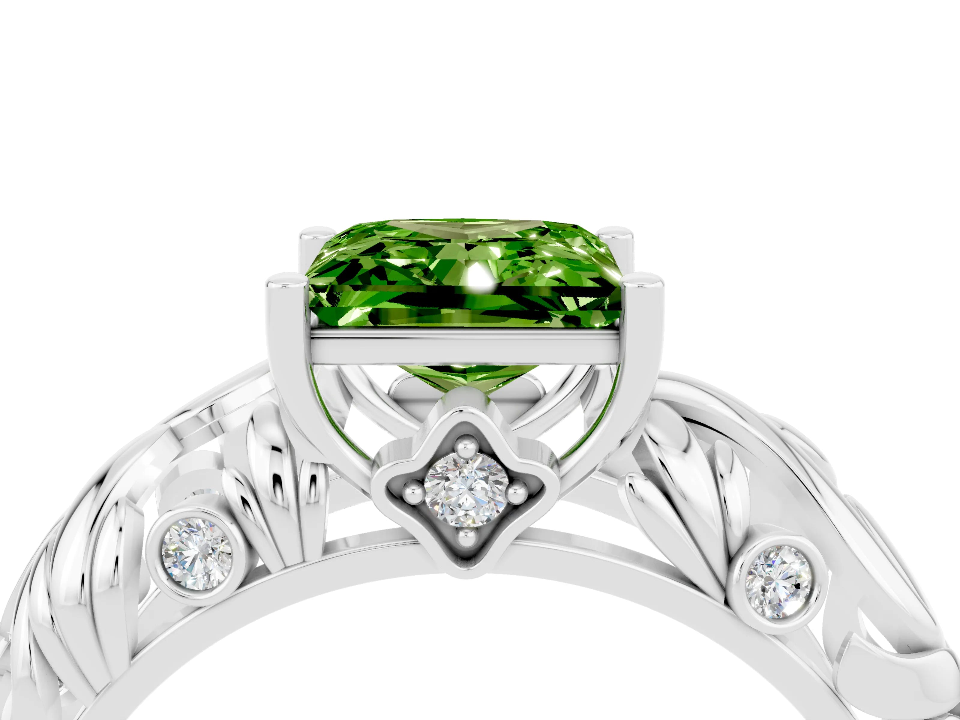 White gold Princess Cut Solitaire Peridot Leaf-Inspired Vine Band Ring with Prong Setting_4