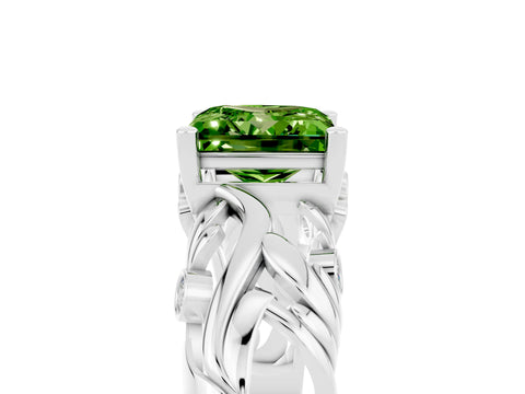 White gold Princess Cut Solitaire Peridot Leaf-Inspired Vine Band Ring with Prong Setting_5