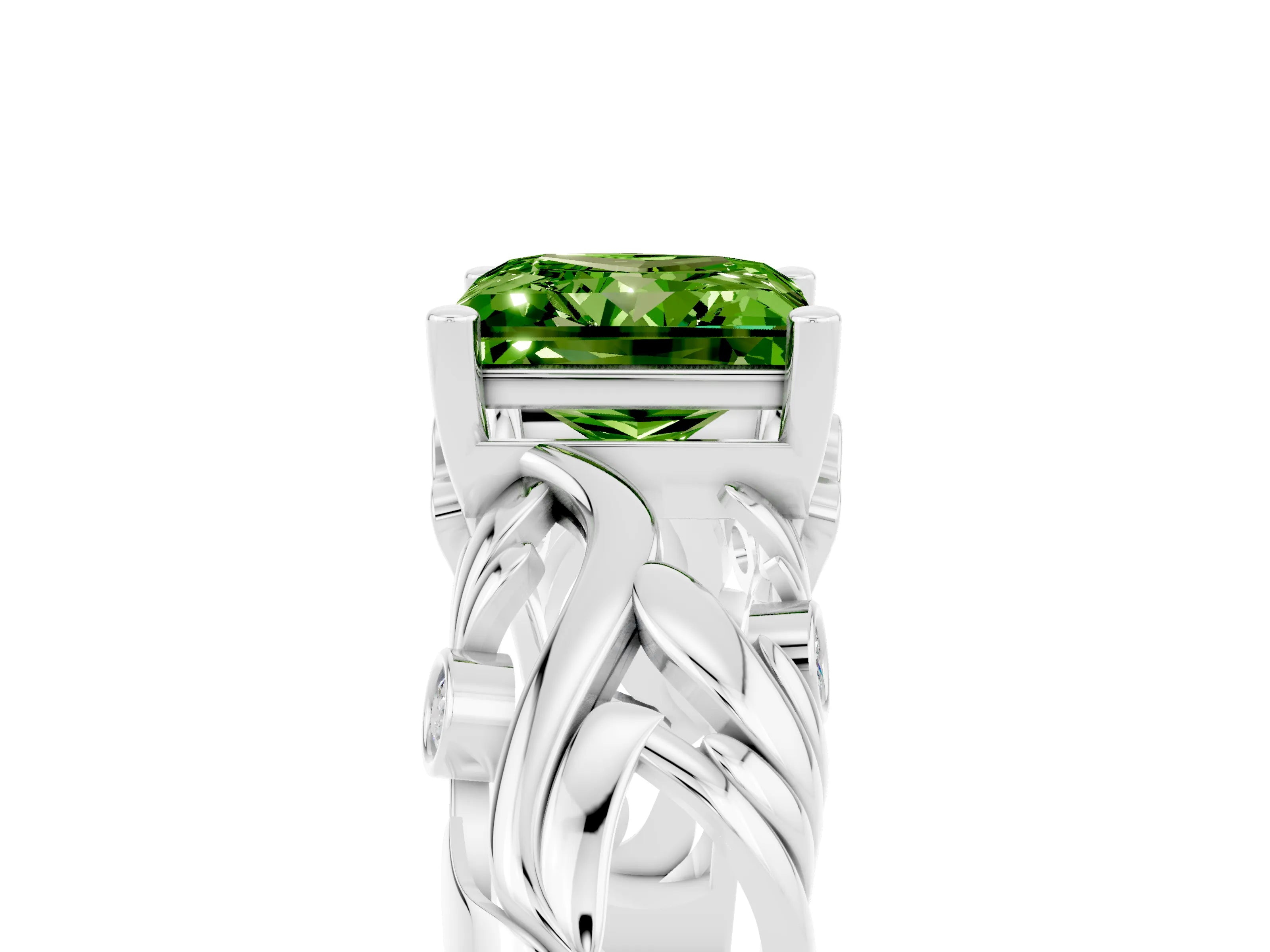 White gold Princess Cut Solitaire Peridot Leaf-Inspired Vine Band Ring with Prong Setting_5