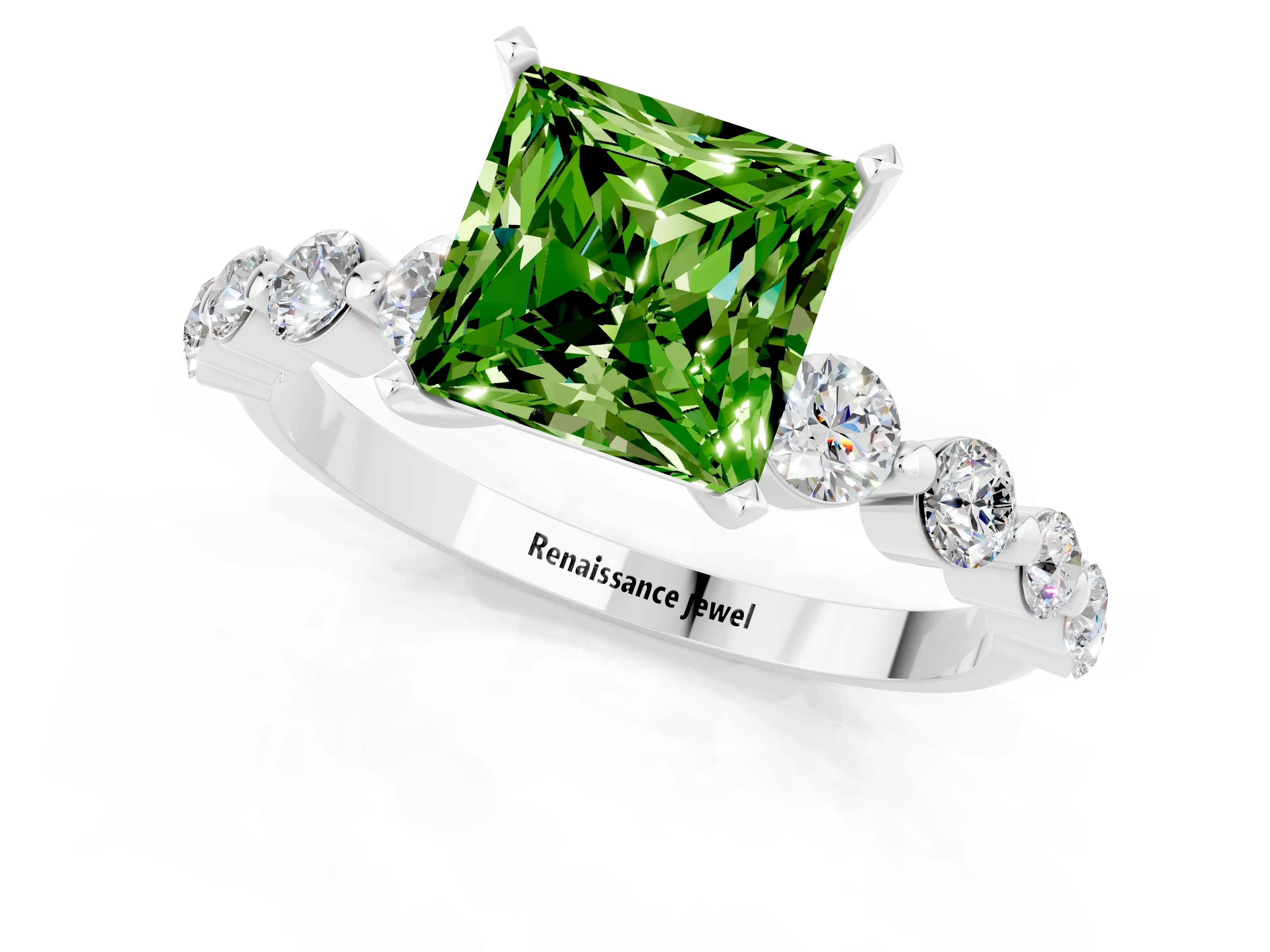 White gold Princess Cut Solitaire Peridot Ring with Pave Band and Four-Prong Setting_1