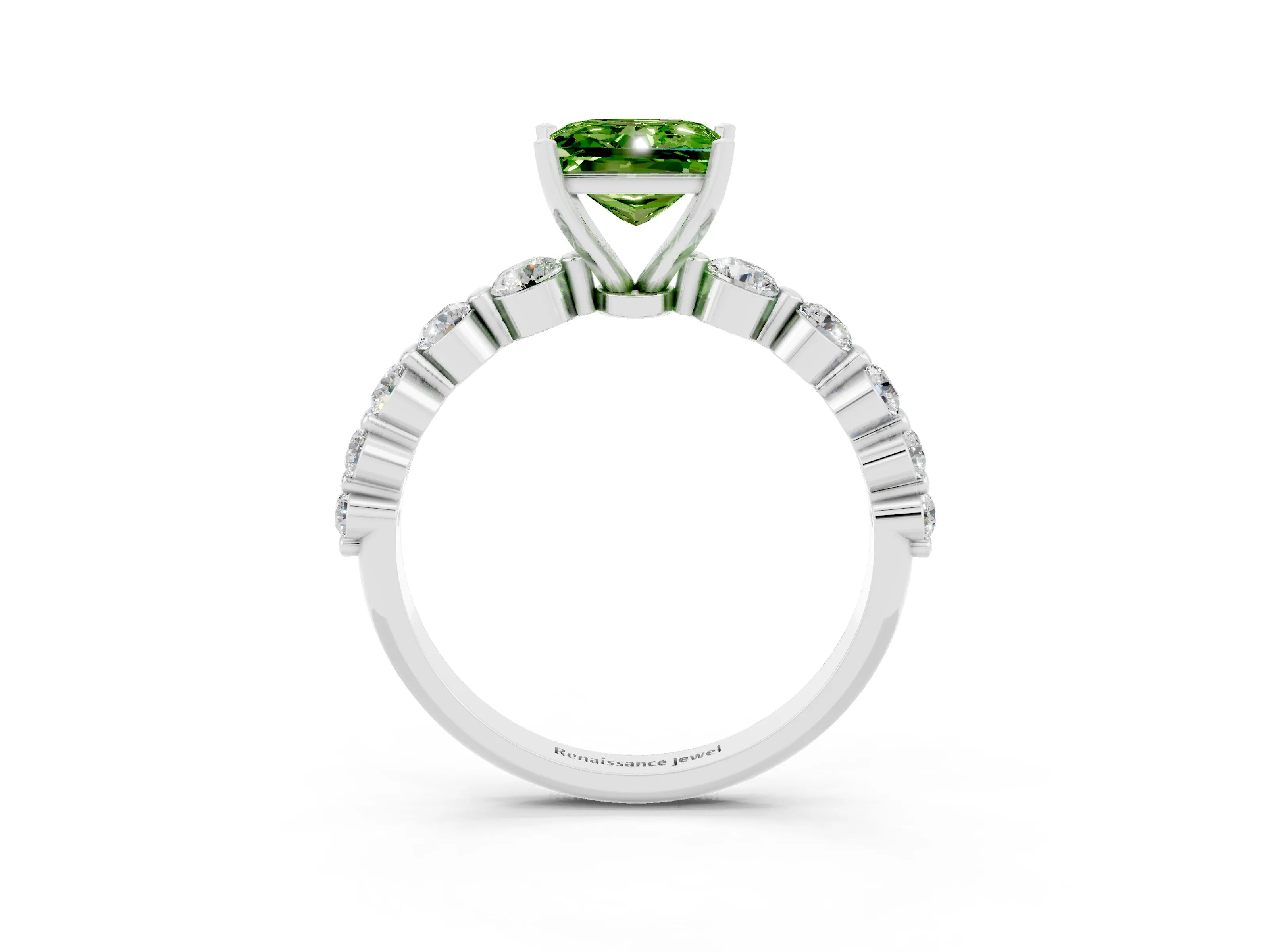 White gold Princess Cut Solitaire Peridot Ring with Pave Band and Four-Prong Setting_3