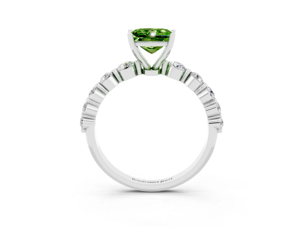 Silver Princess Cut Solitaire Peridot Ring with Pave Band and Four-Prong Setting