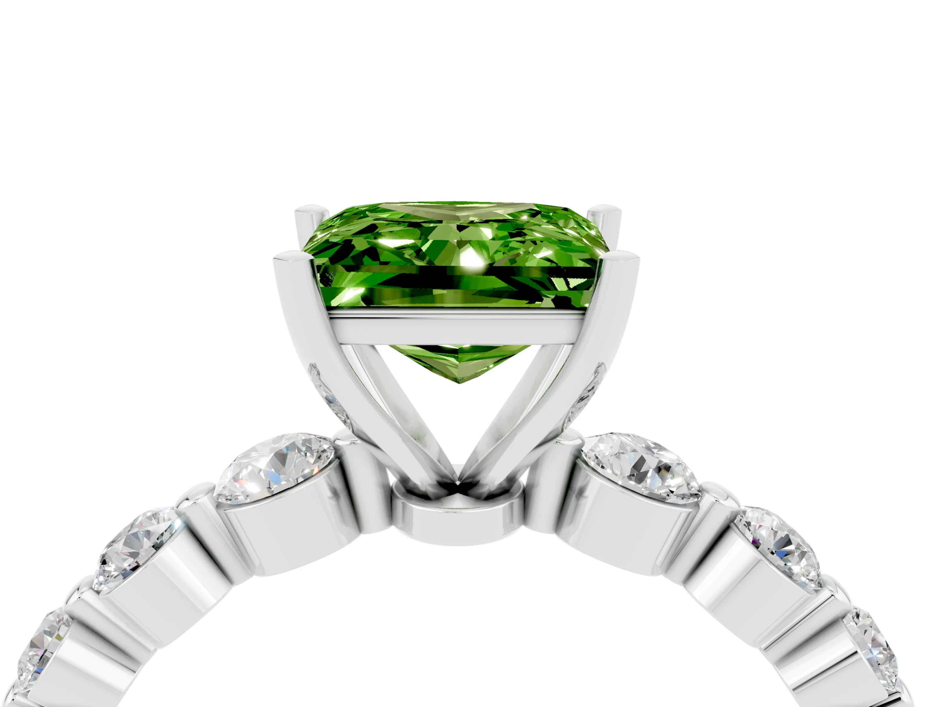 White gold Princess Cut Solitaire Peridot Ring with Pave Band and Four-Prong Setting_4