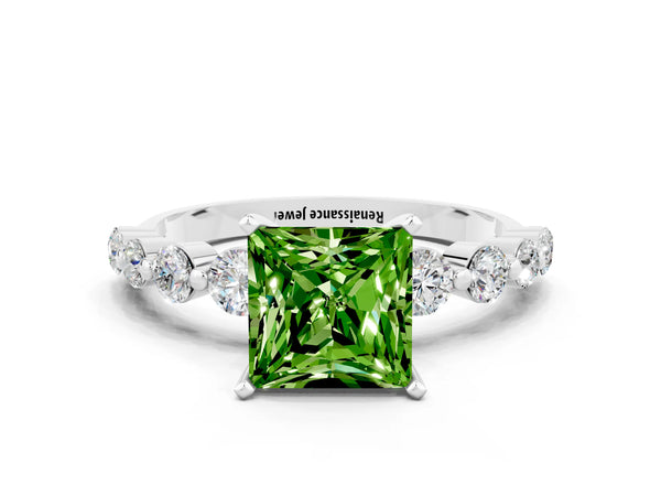 Silver Princess Cut Solitaire Peridot Ring with Pave Band and Four-Prong Setting