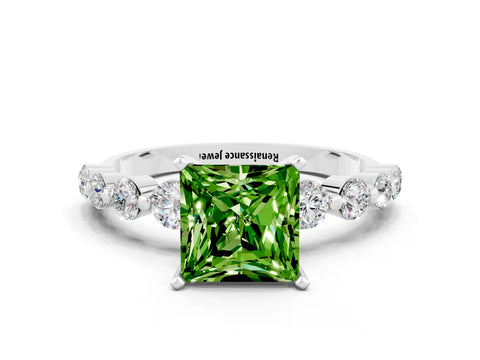 White gold Princess Cut Solitaire Peridot Ring with Pave Band and Four-Prong Setting