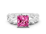 White gold Princess Cut Solitaire Pink Sapphire Leaf-Inspired Vine Band Ring with Prong Setting_24
