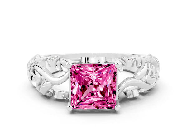 White gold Princess Cut Solitaire Pink Sapphire Leaf-Inspired Vine Band Ring with Prong Setting