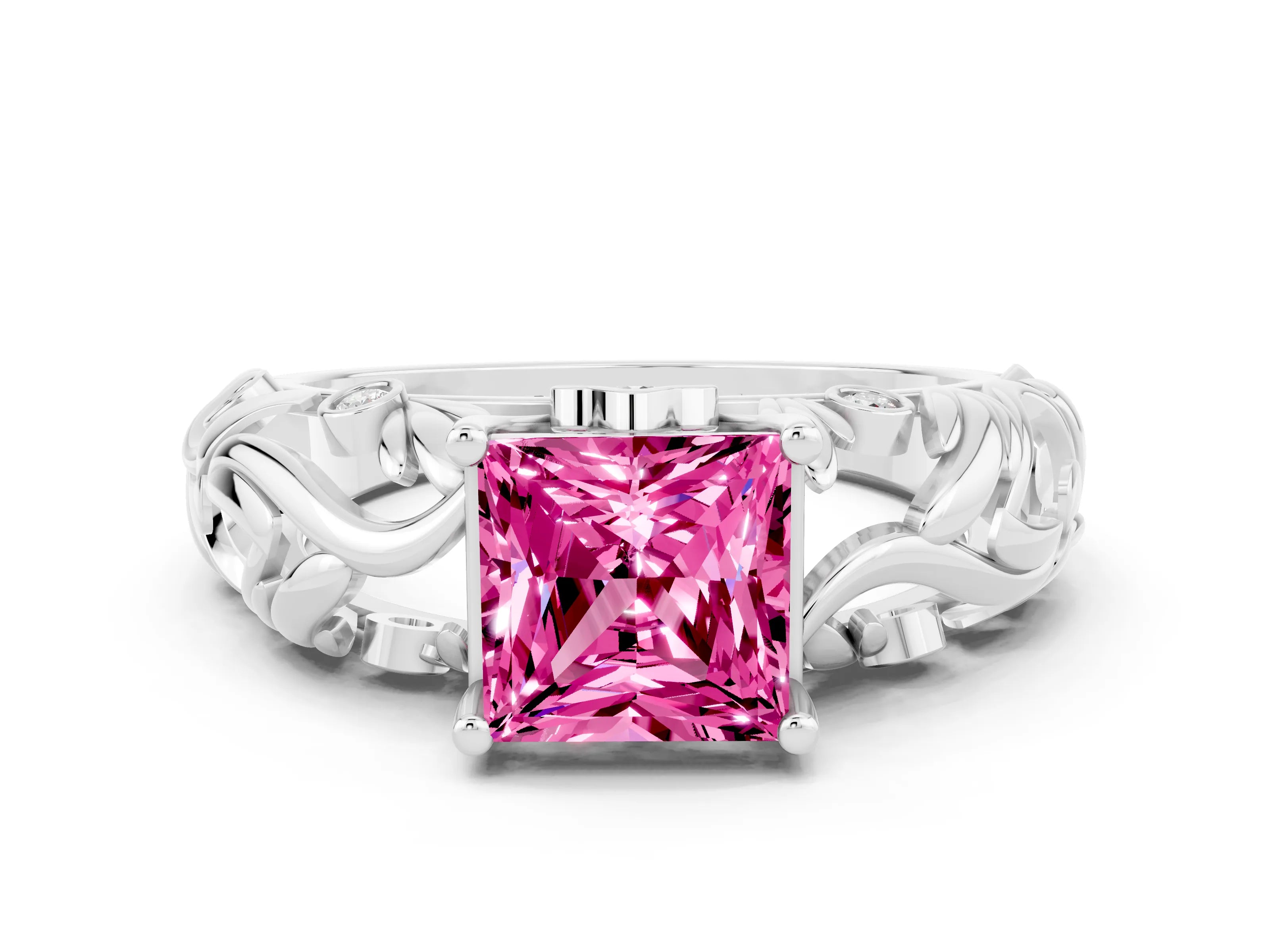 White gold Princess Cut Solitaire Pink Sapphire Leaf-Inspired Vine Band Ring with Prong Setting_24