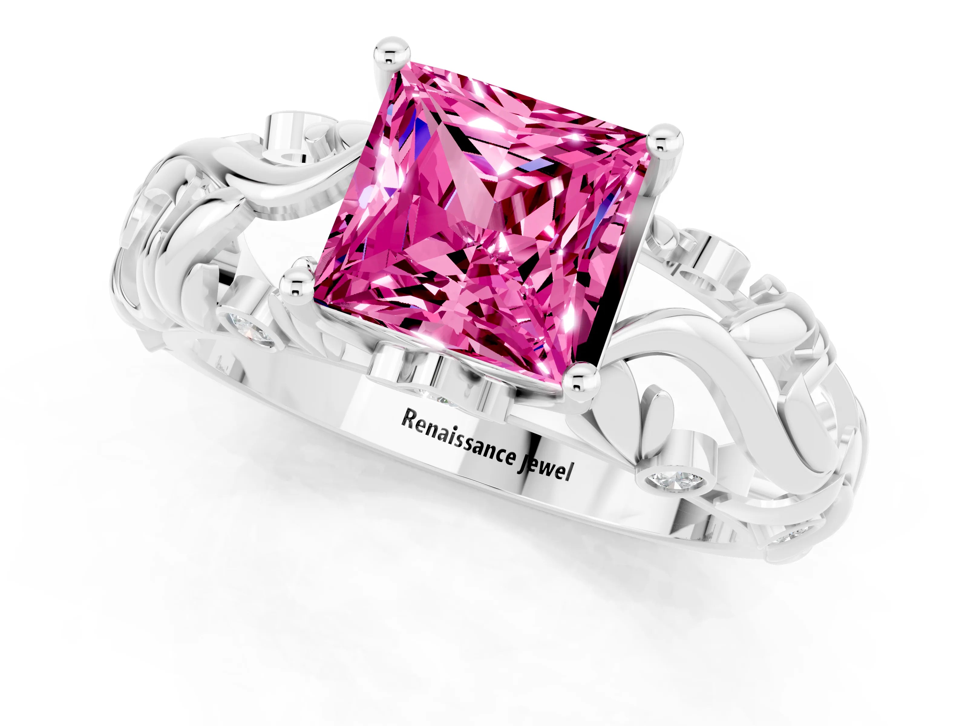 White gold Princess Cut Solitaire Pink Sapphire Leaf-Inspired Vine Band Ring with Prong Setting_25