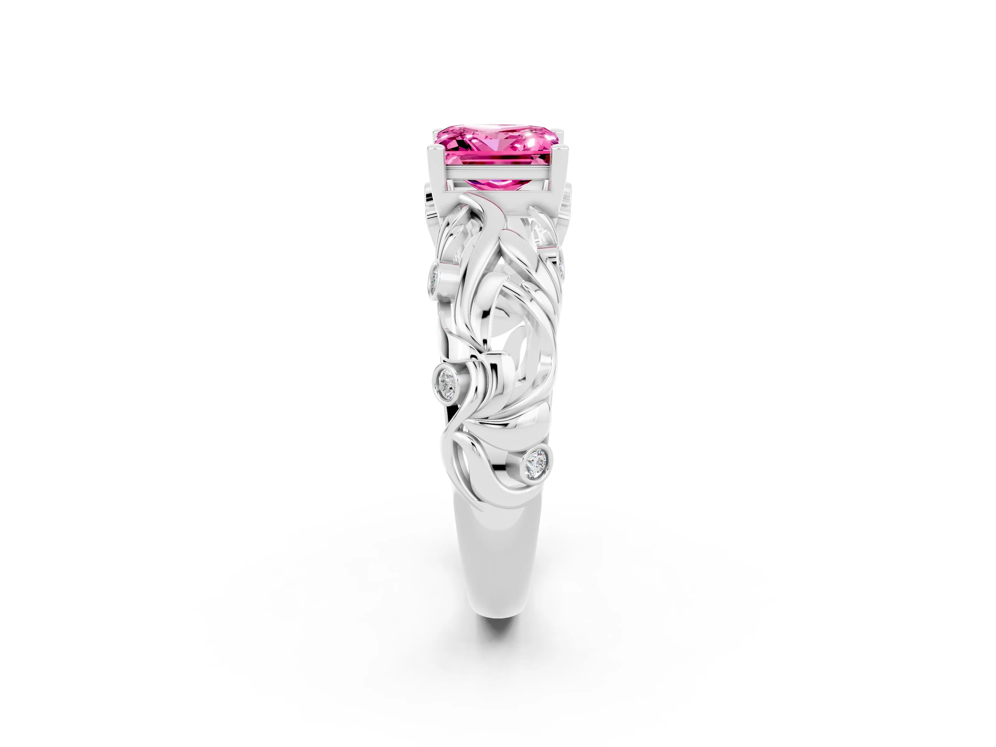 White gold Princess Cut Solitaire Pink Sapphire Leaf-Inspired Vine Band Ring with Prong Setting_26