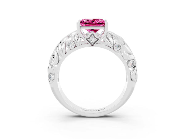 White gold Princess Cut Solitaire Pink Sapphire Leaf-Inspired Vine Band Ring with Prong Setting