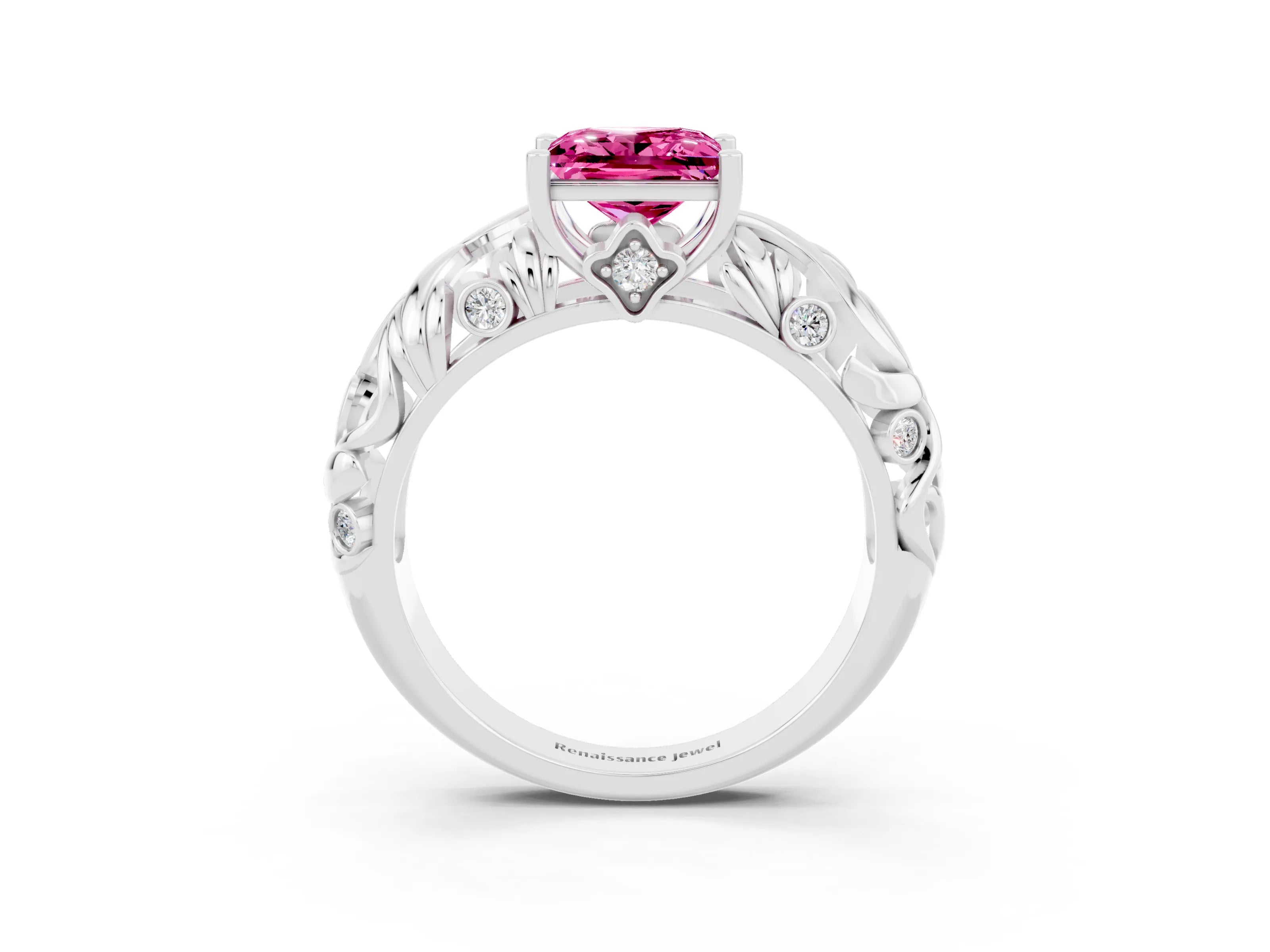White gold Princess Cut Solitaire Pink Sapphire Leaf-Inspired Vine Band Ring with Prong Setting_27