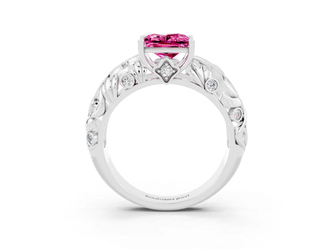 White gold Princess Cut Solitaire Pink Sapphire Leaf-Inspired Vine Band Ring with Prong Setting_27
