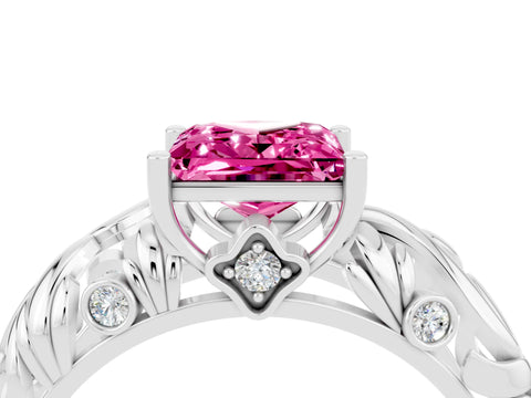White gold Princess Cut Solitaire Pink Sapphire Leaf-Inspired Vine Band Ring with Prong Setting_28