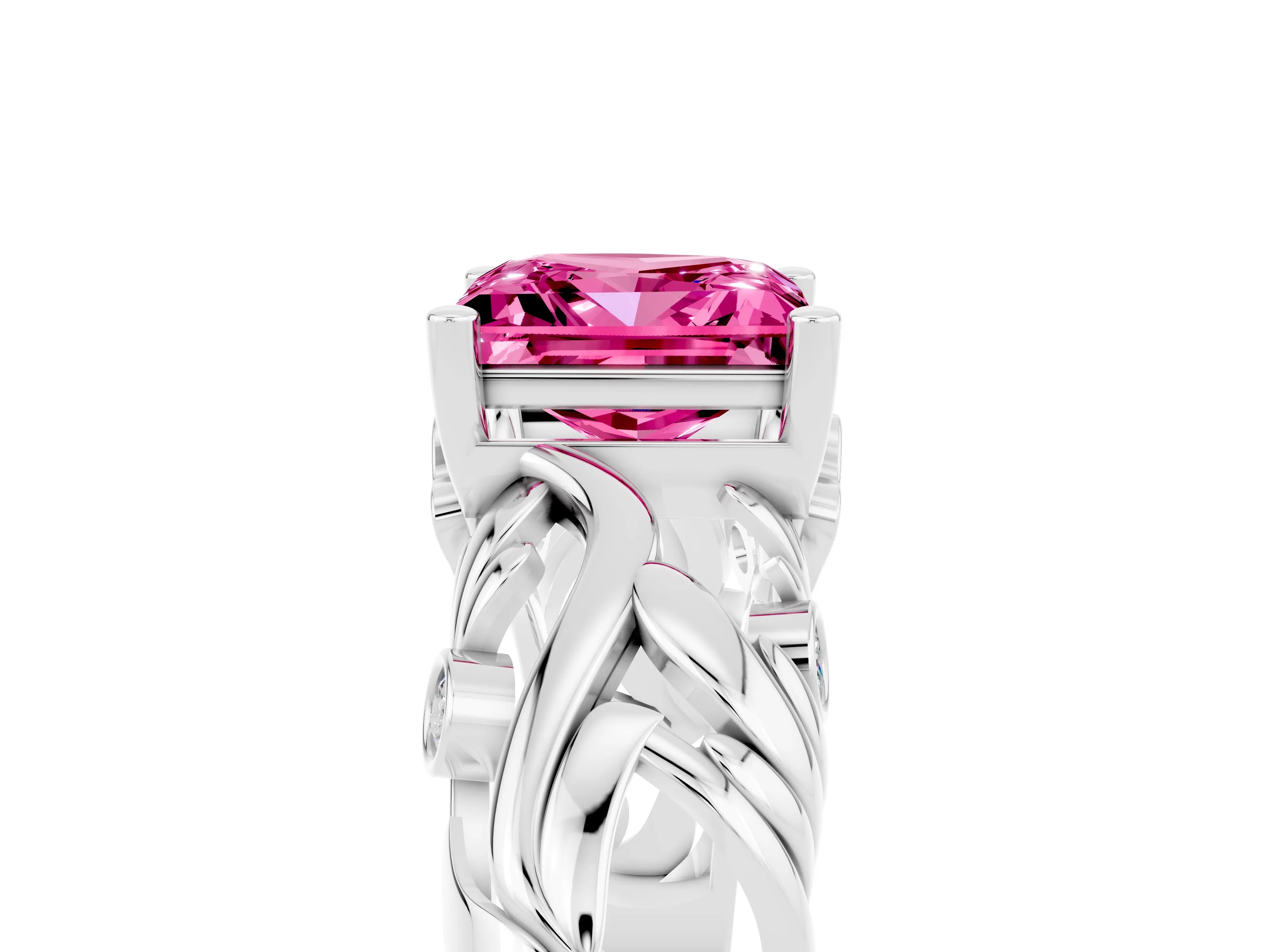 White gold Princess Cut Solitaire Pink Sapphire Leaf-Inspired Vine Band Ring with Prong Setting_29