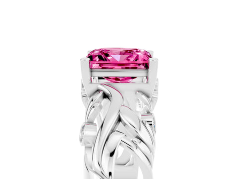 White gold Princess Cut Solitaire Pink Sapphire Leaf-Inspired Vine Band Ring with Prong Setting_29