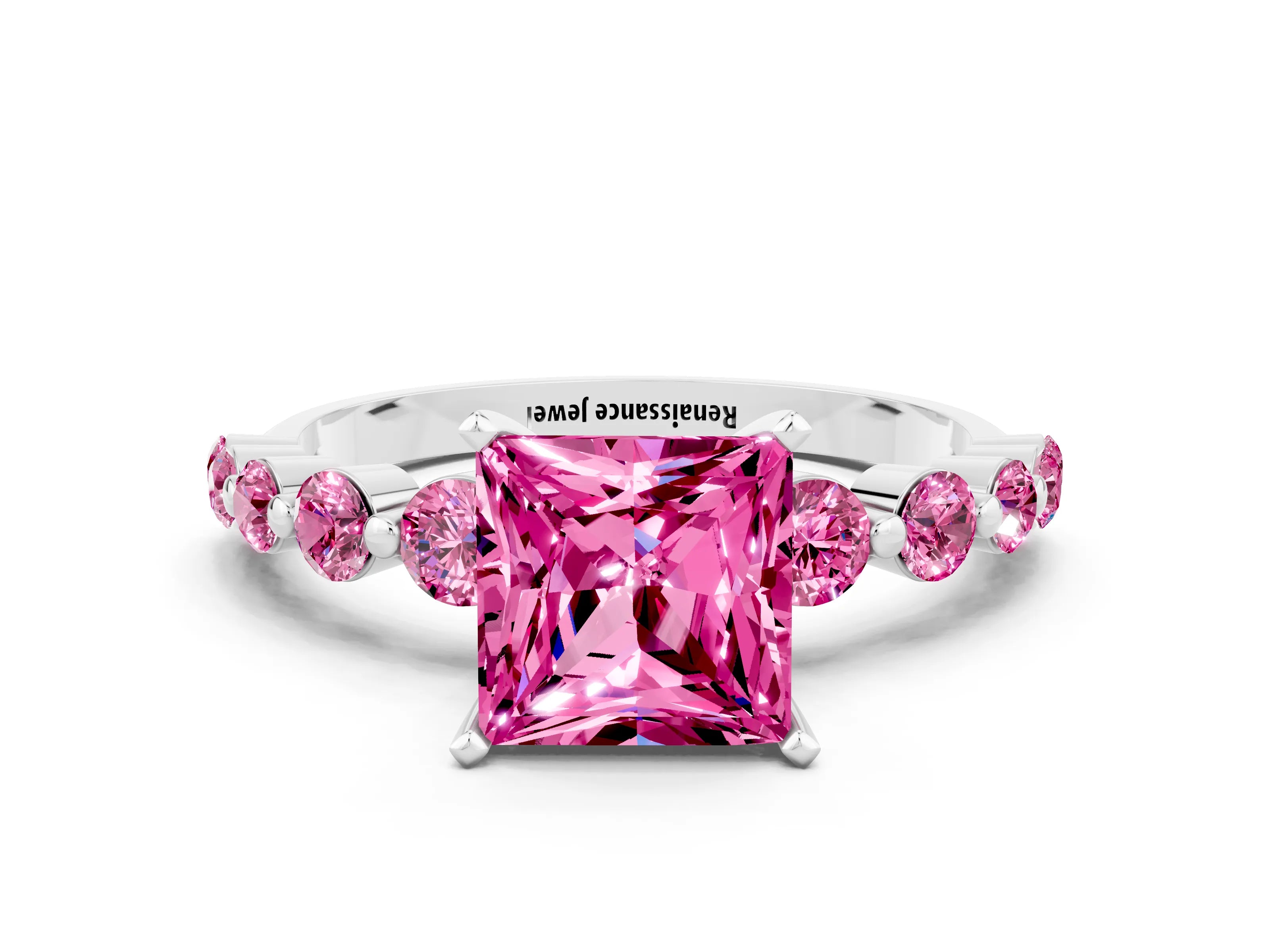 White gold Princess Cut Solitaire Pink Sapphire Ring with Pave Band and Four-Prong Setting