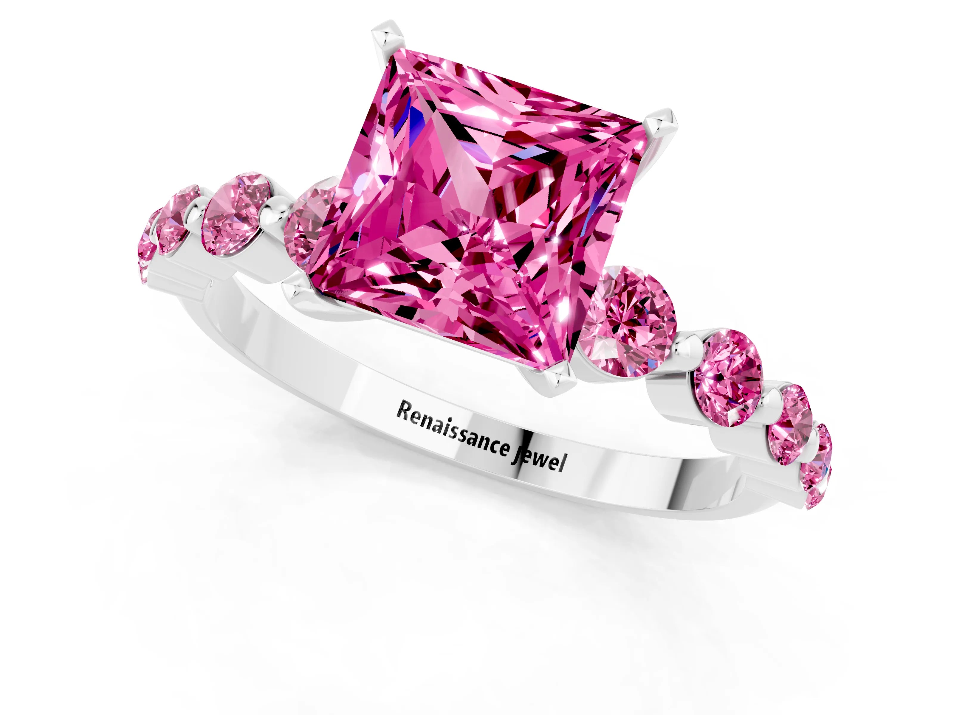 White gold Princess Cut Solitaire Pink Sapphire Ring with Pave Band and Four-Prong Setting_1