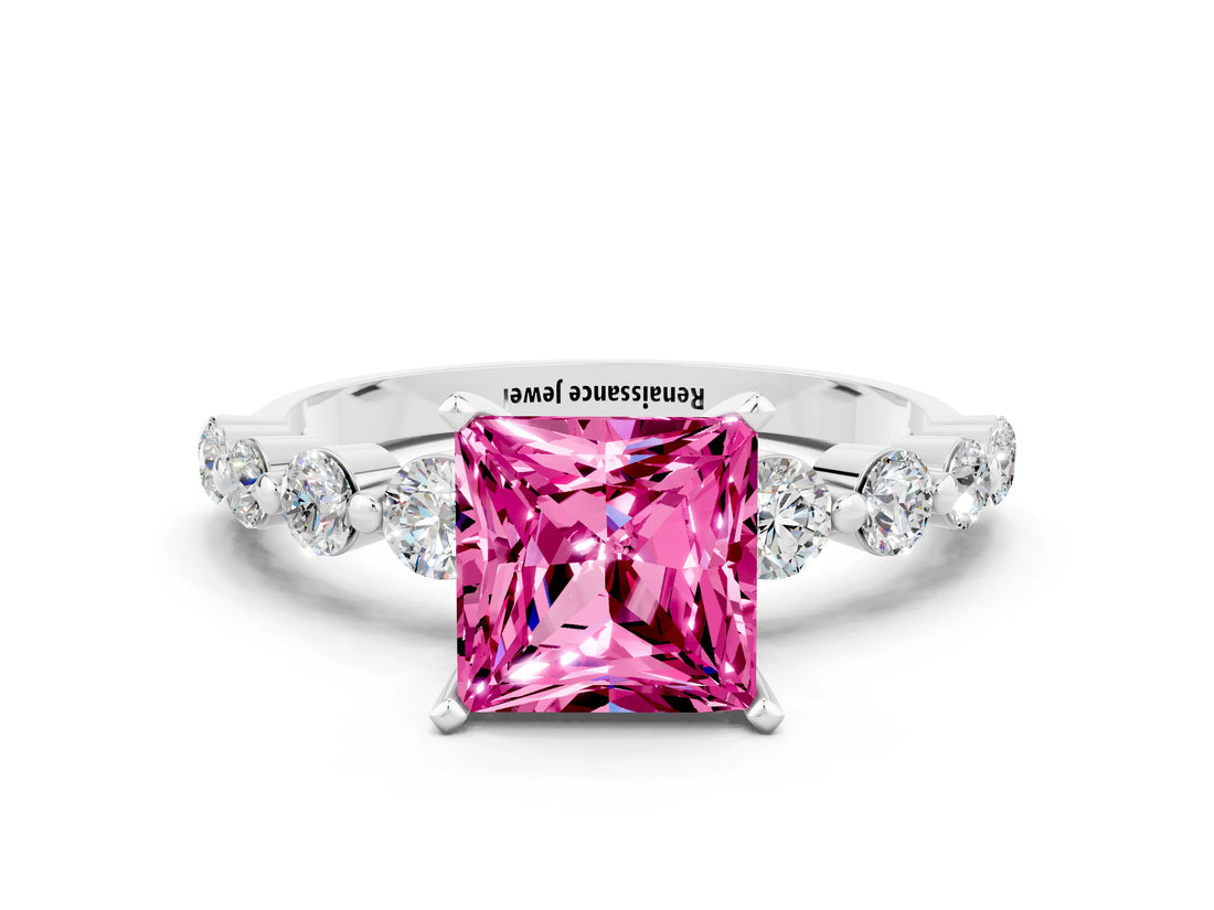 White gold Princess Cut Solitaire Pink Sapphire Ring with Pave Band and Four-Prong Setting_24