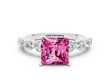 White gold Princess Cut Solitaire Pink Sapphire Ring with Pave Band and Four-Prong Setting_24