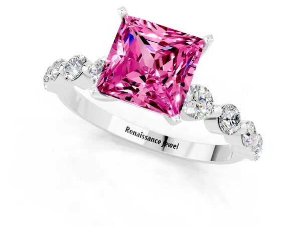 White gold Princess Cut Solitaire Pink Sapphire Ring with Pave Band and Four-Prong Setting