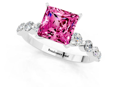 White gold Princess Cut Solitaire Pink Sapphire Ring with Pave Band and Four-Prong Setting_25