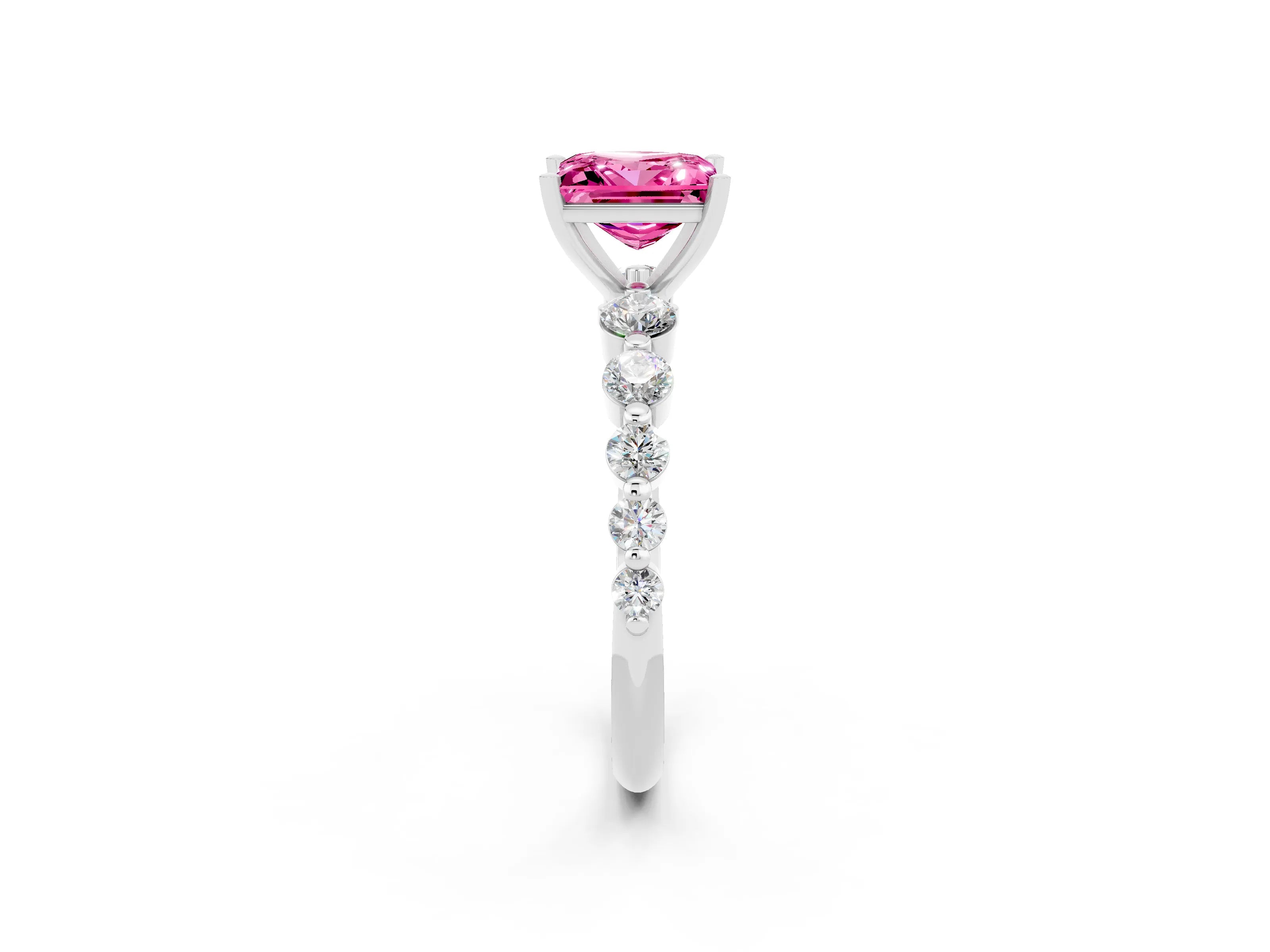 White gold Princess Cut Solitaire Pink Sapphire Ring with Pave Band and Four-Prong Setting_26