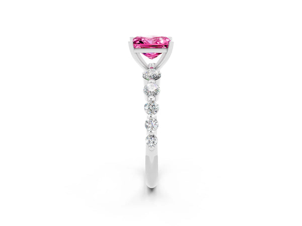 Silver Princess Cut Solitaire Pink Sapphire Ring with Pave Band and Four-Prong Setting