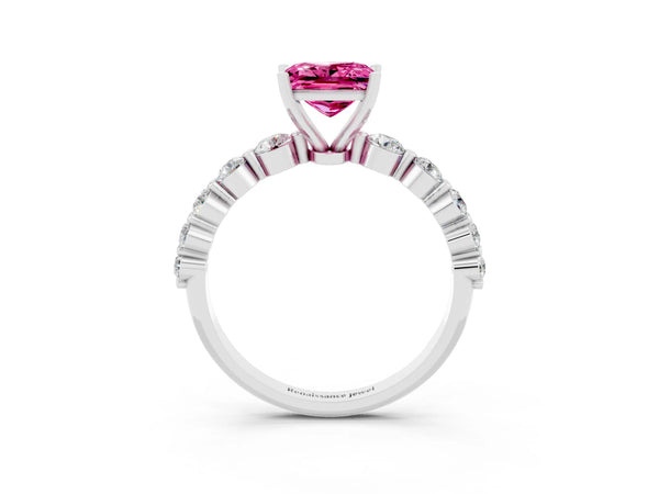 Silver Princess Cut Solitaire Pink Sapphire Ring with Pave Band and Four-Prong Setting