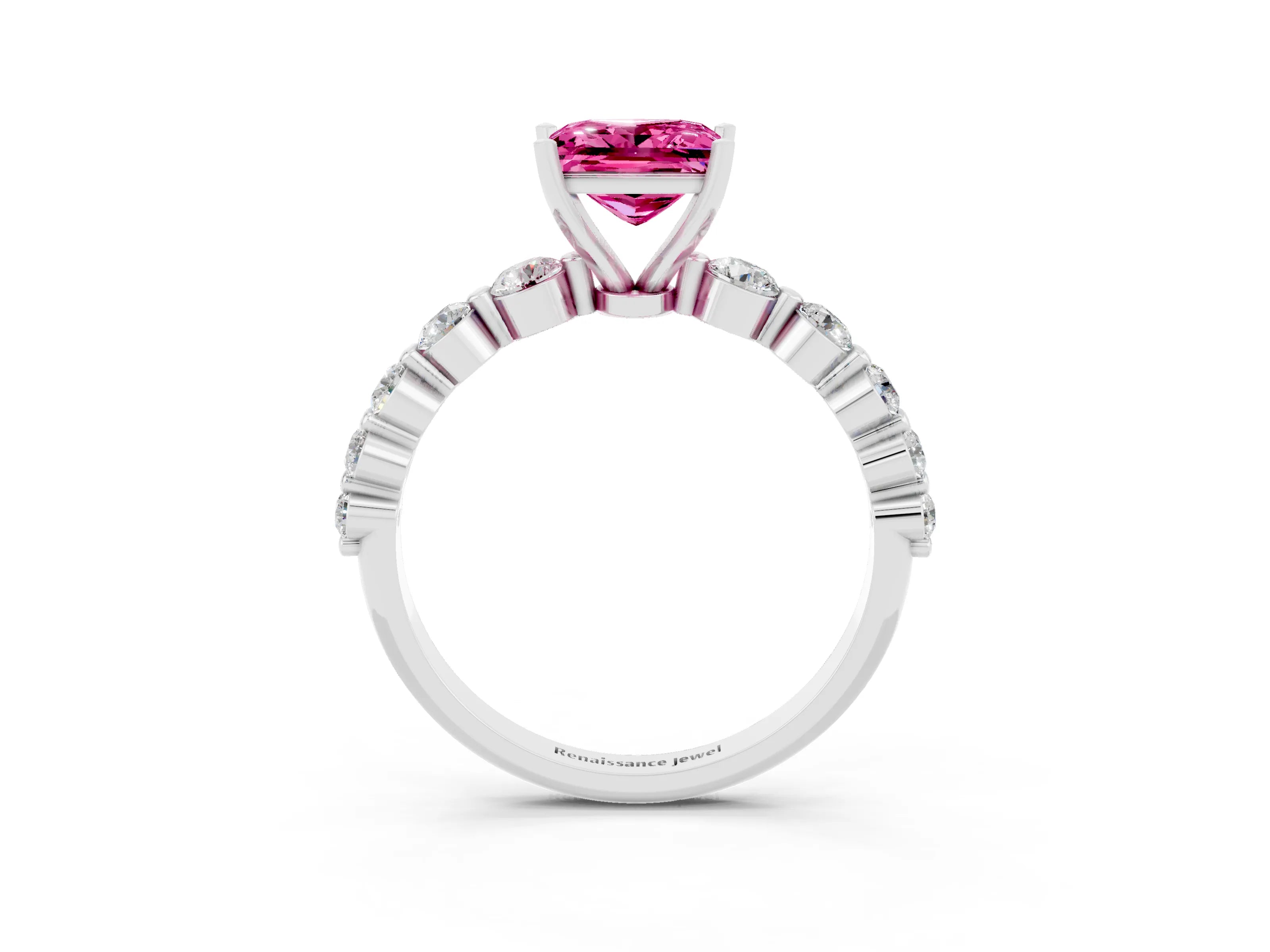 White gold Princess Cut Solitaire Pink Sapphire Ring with Pave Band and Four-Prong Setting_27