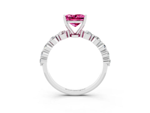 White gold Princess Cut Solitaire Pink Sapphire Ring with Pave Band and Four-Prong Setting_27