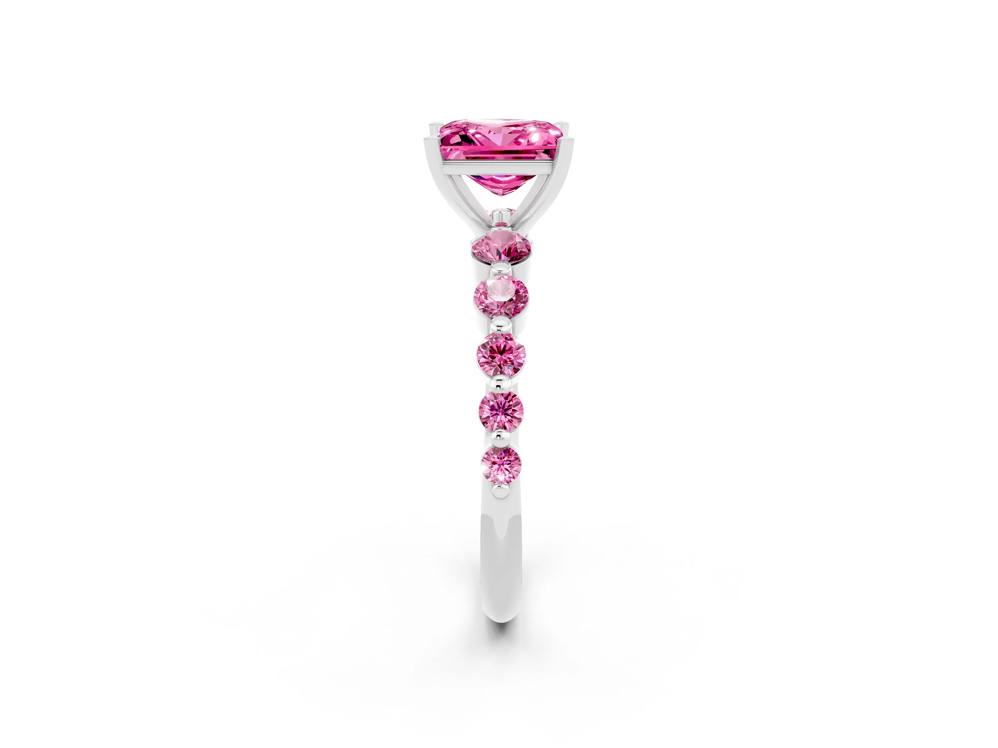 White gold Princess Cut Solitaire Pink Sapphire Ring with Pave Band and Four-Prong Setting_2