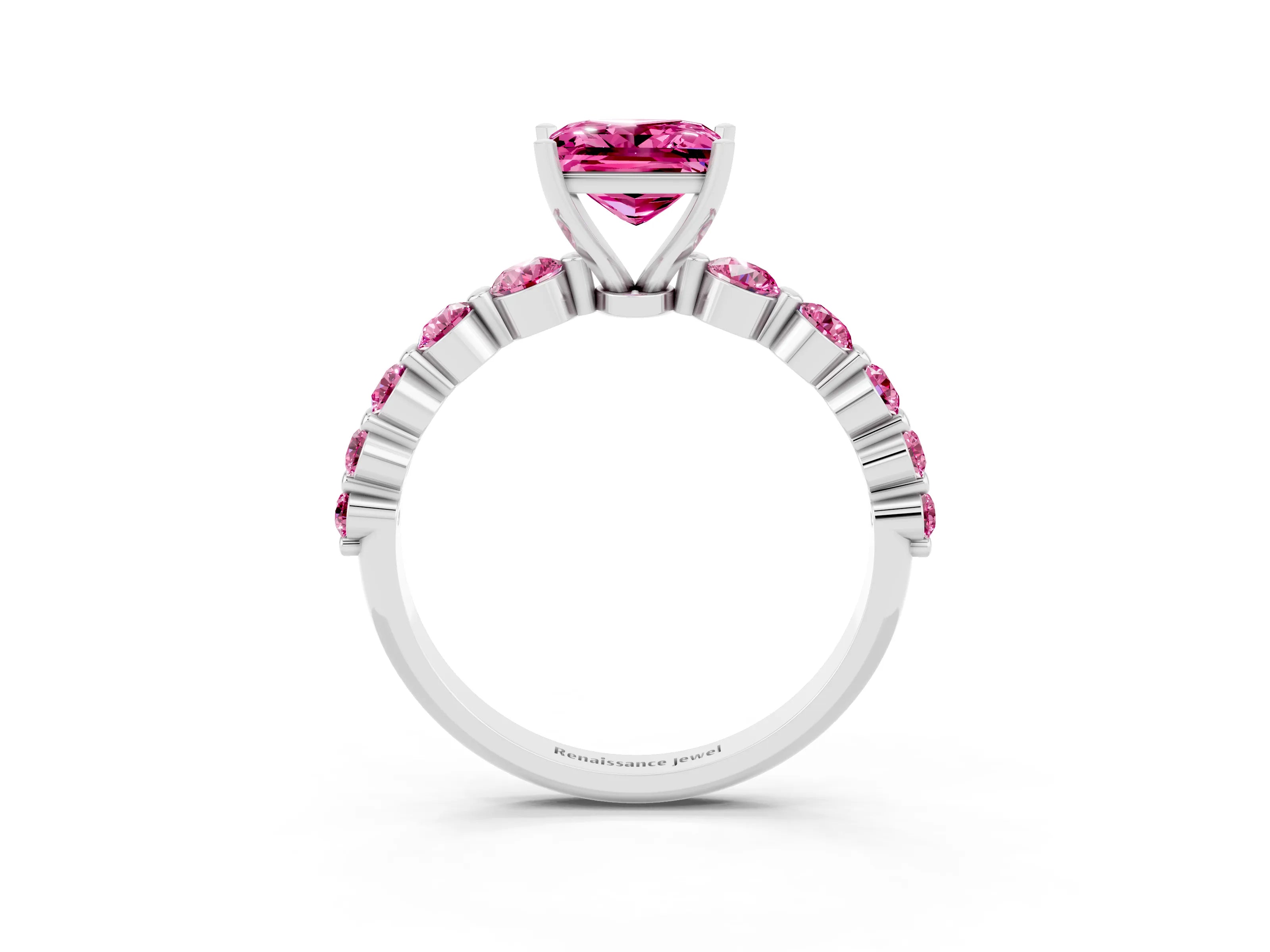 White gold Princess Cut Solitaire Pink Sapphire Ring with Pave Band and Four-Prong Setting_3